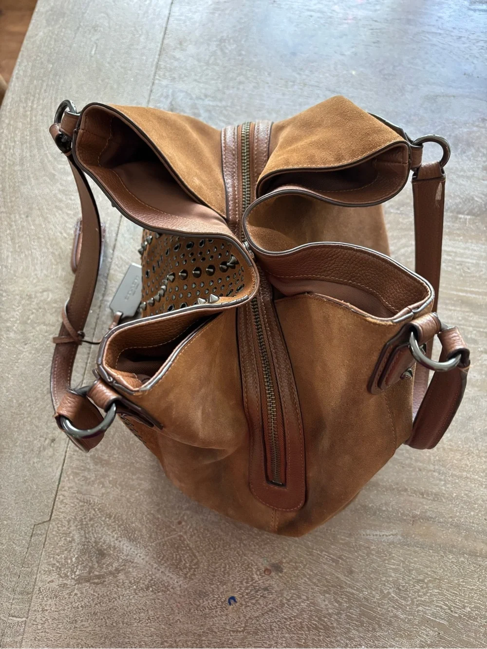 Coach Brown Suede Studded Shoulder Bag with Tassel